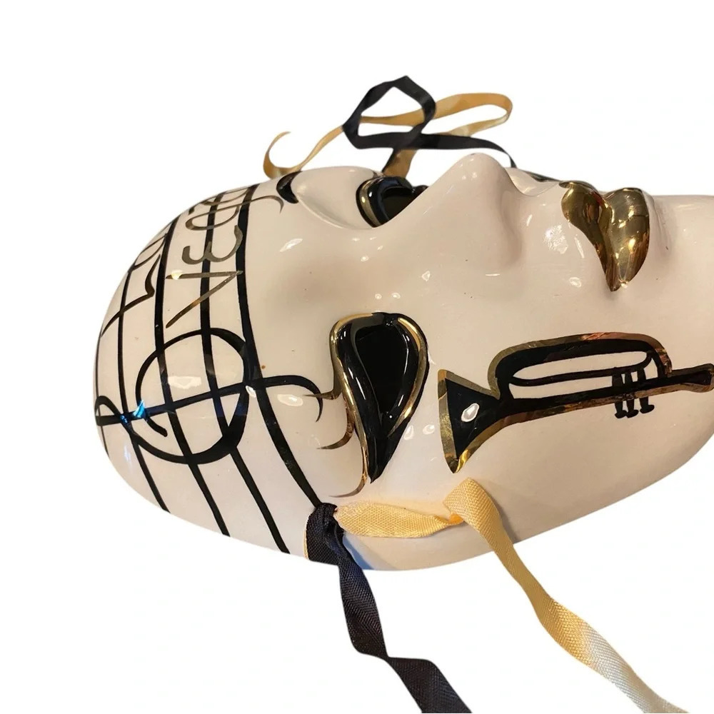 vintage venetian handmade ceramic gold black  and and white las vegas jazz mask - Picture 2 of 6